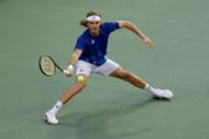Tsitsipas in action against Lorenzo Sonego at the Western & Southern Open.